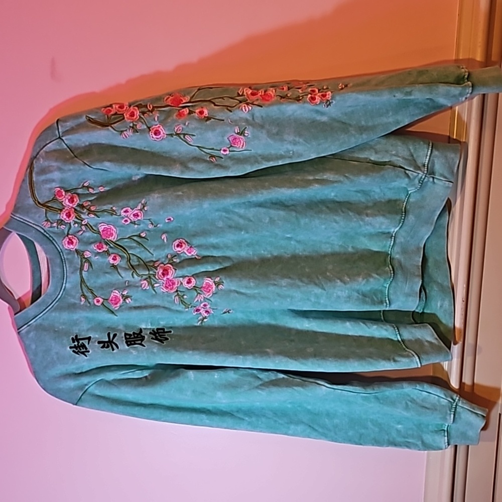 Blind Rooster Aqua Teal Cherry Blossim Sweater